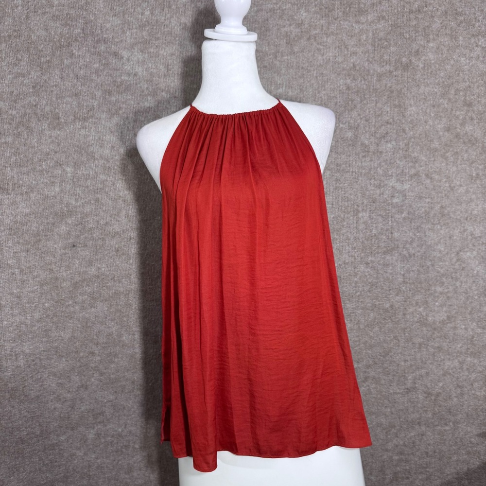 Loft Halter Top Womens XS Red Pleated High Neck Sleeveless Blouse Boho Chic